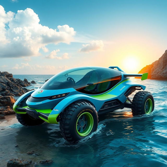 A highly detailed and futuristic amphibious vehicle designed for both land and water travel