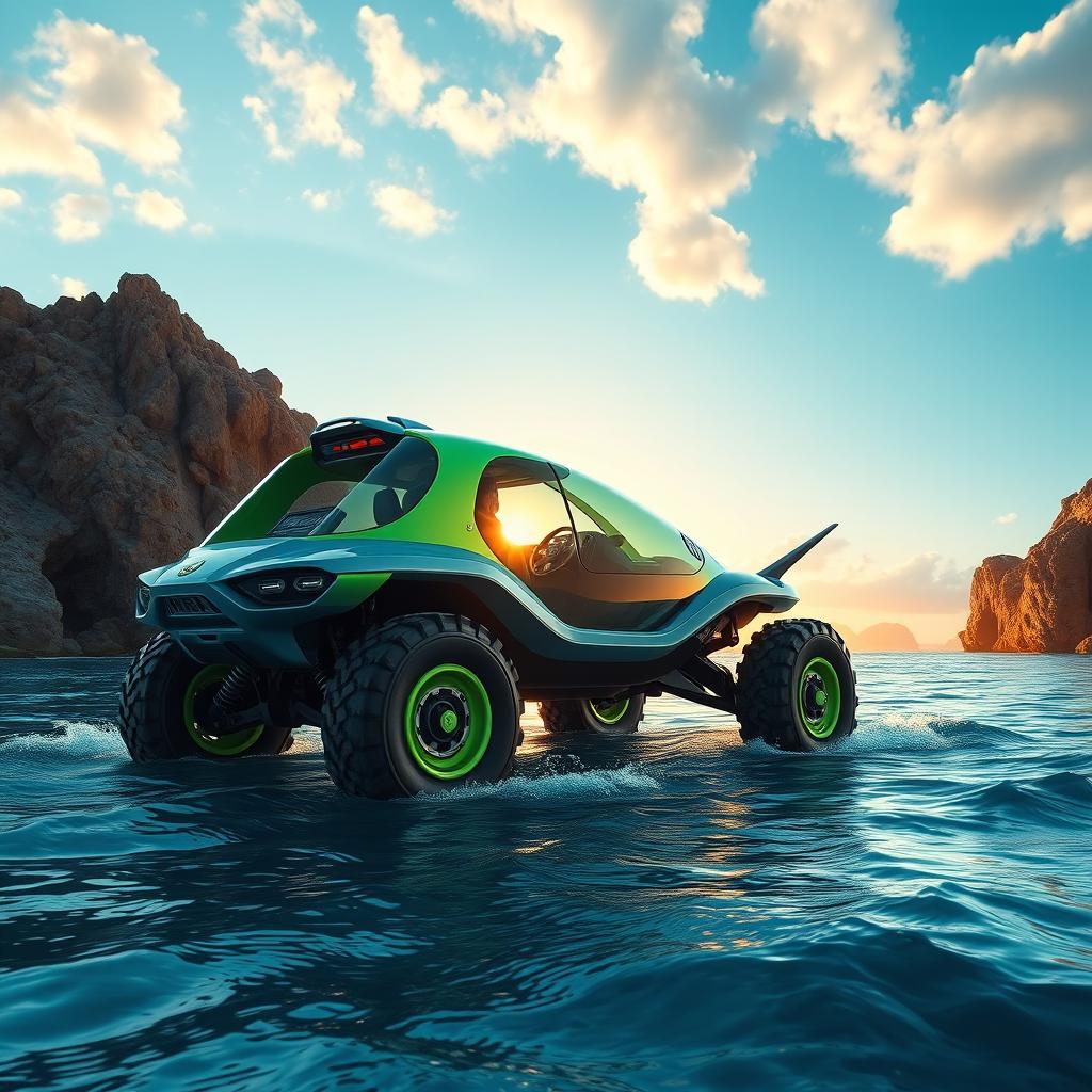 A highly detailed and futuristic amphibious vehicle designed for both land and water travel