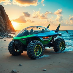 A highly detailed and futuristic amphibious vehicle designed for both land and water travel