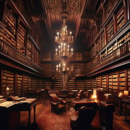 Generate an image of an old, ornate library with floor-to-ceiling mahogany bookshelves, filled to the brim with dusty, leather-bound books. The room should be dimly lit by a grand, wrought iron chandelier.