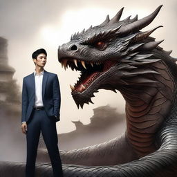 A hyper-realistic digital art image featuring a handsome Korean man standing fearlessly in front of a gigantic dragon