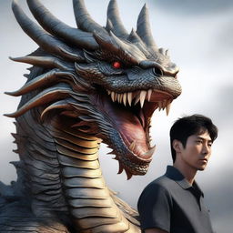 A hyper-realistic digital art image featuring a handsome Korean man standing fearlessly in front of a gigantic dragon