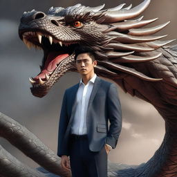 A hyper-realistic digital art image featuring a handsome Korean man standing fearlessly in front of a gigantic dragon