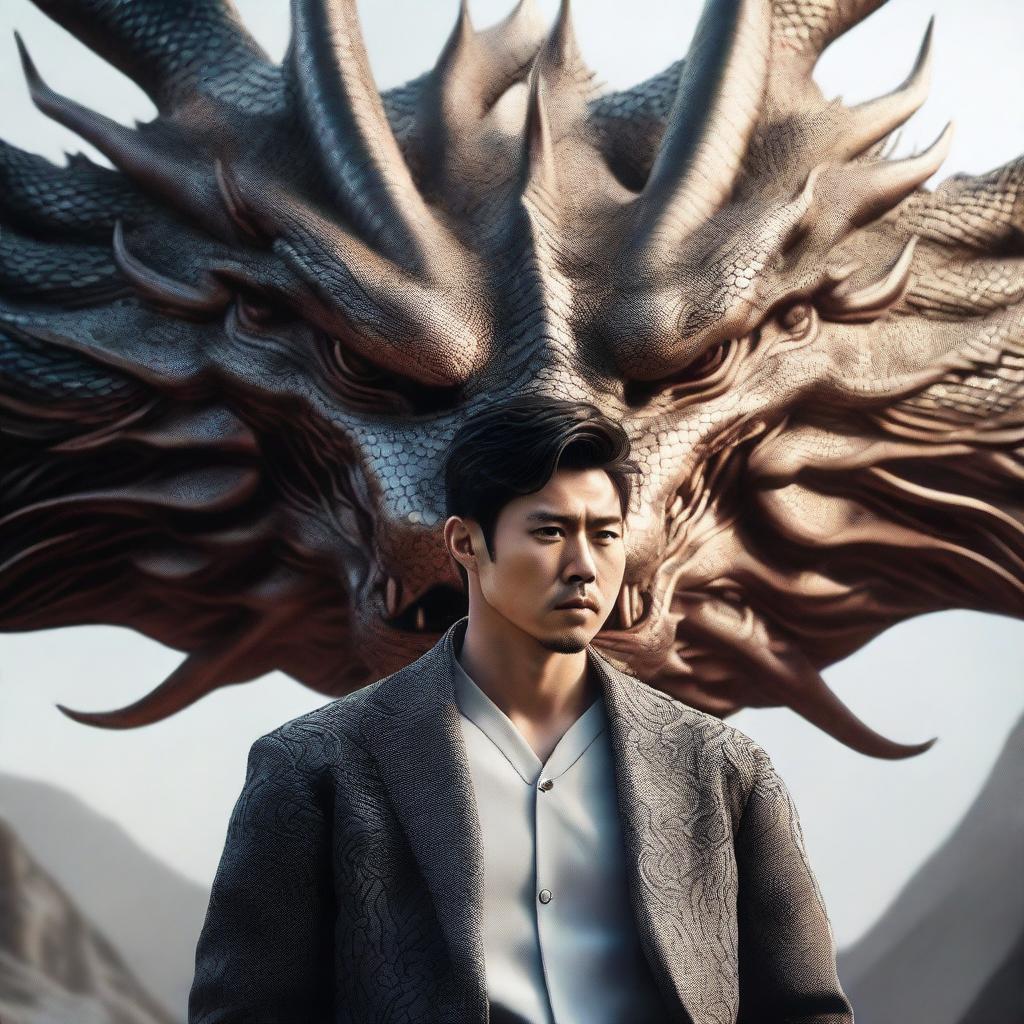 A hyper-realistic digital art image featuring a handsome Korean man standing fearlessly in front of a gigantic dragon