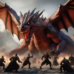 A hyper-realistic digital art image depicting an intense scene where a group of humans bravely attacking a gigantic dragon