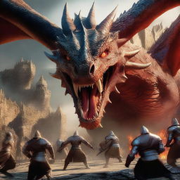 A hyper-realistic digital art image depicting an intense scene where a group of humans bravely attacking a gigantic dragon