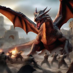 A hyper-realistic digital art image depicting an intense scene where a group of humans bravely attacking a gigantic dragon