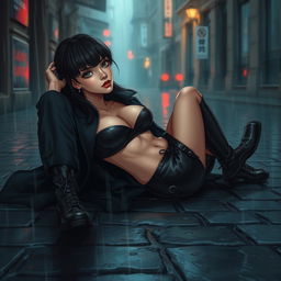A dramatic and atmospheric semi-realistic illustration featuring a woman lying on a wet cobblestone street during a rainstorm