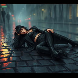 A dramatic and atmospheric semi-realistic illustration featuring a woman lying on a wet cobblestone street during a rainstorm