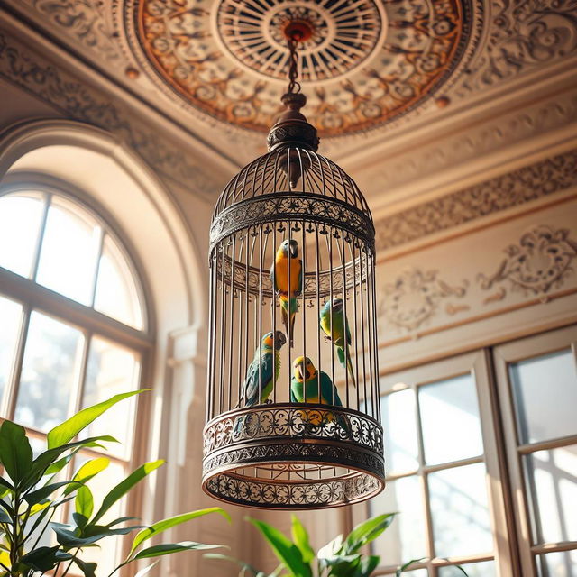 A beautifully crafted birdcage hanging from an ornate ceiling, adorned with intricate patterns and delicate filigree