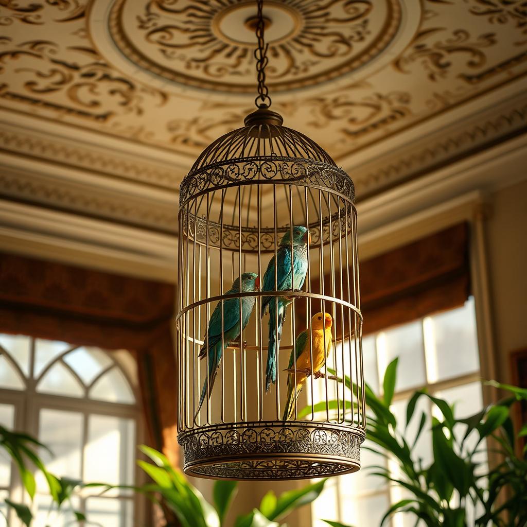 A beautifully crafted birdcage hanging from an ornate ceiling, adorned with intricate patterns and delicate filigree