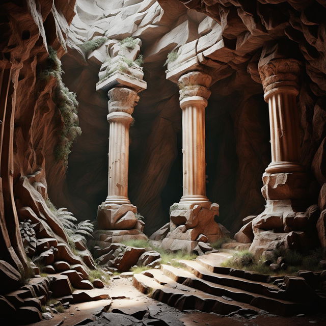 A digital art image showing a dramatic cave interior with Roman pillars