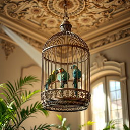 A beautifully crafted birdcage hanging from an ornate ceiling, adorned with intricate patterns and delicate filigree
