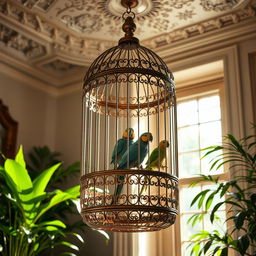 A beautifully crafted birdcage hanging from an ornate ceiling, adorned with intricate patterns and delicate filigree