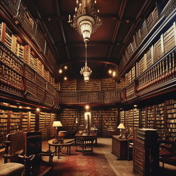 Generate an image of an old, ornate library with floor-to-ceiling mahogany bookshelves, filled to the brim with dusty, leather-bound books. The room should be dimly lit by a grand, wrought iron chandelier.