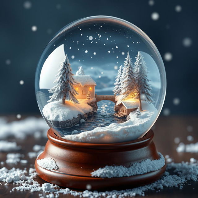 A beautifully detailed snow globe featuring a picturesque winter scene