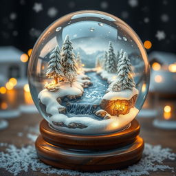 A beautifully detailed snow globe featuring a picturesque winter scene