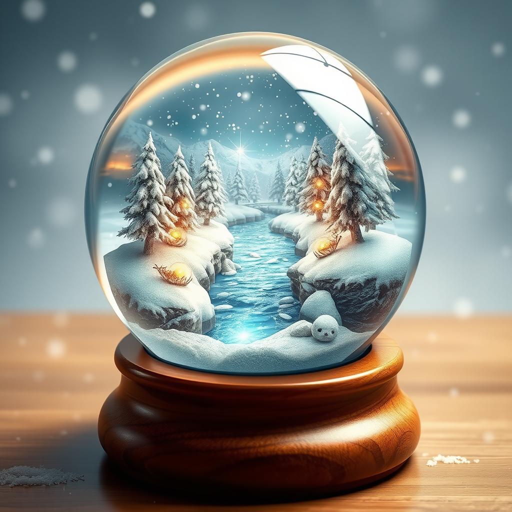 A beautifully detailed snow globe featuring a picturesque winter scene