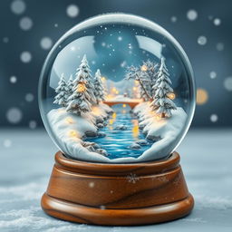 A beautifully detailed snow globe featuring a picturesque winter scene