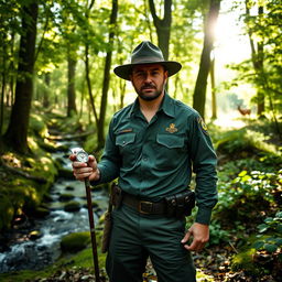 A rugged and adventurous ranger standing in a lush green forest, wearing a dark green uniform with a wide-brimmed hat