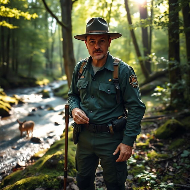 A rugged and adventurous ranger standing in a lush green forest, wearing a dark green uniform with a wide-brimmed hat