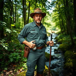 A rugged and adventurous ranger standing in a lush green forest, wearing a dark green uniform with a wide-brimmed hat