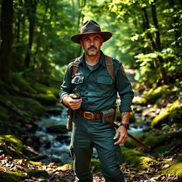 A rugged and adventurous ranger standing in a lush green forest, wearing a dark green uniform with a wide-brimmed hat