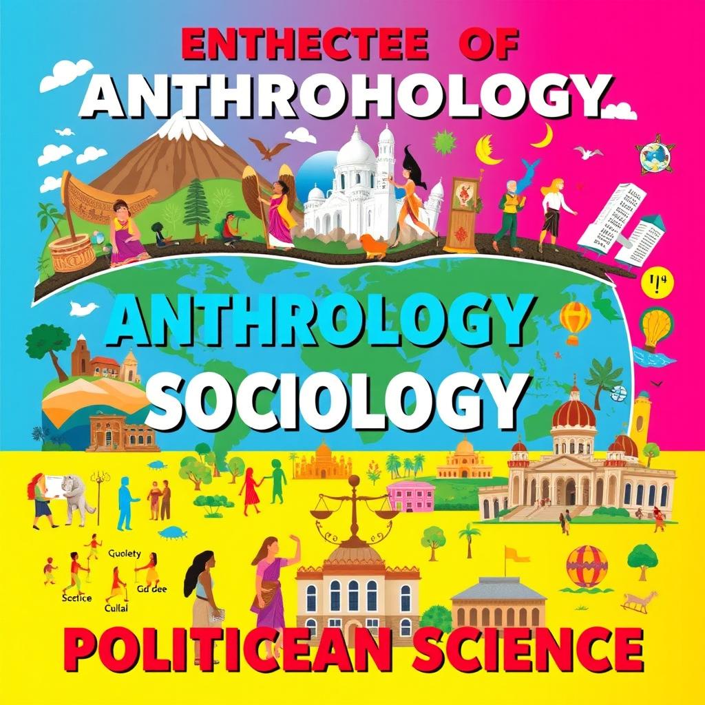 A vibrant and engaging poster illustrating the essence of anthropology, sociology, and political science