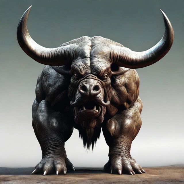 A digital art image showcasing a colossal monster with half its features resembling a bull