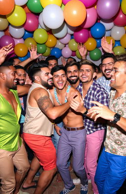 A vibrant and humorous portrayal of the gay male scene, showcasing a lively party atmosphere filled with laughter and joy