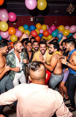 A vibrant and humorous portrayal of the gay male scene, showcasing a lively party atmosphere filled with laughter and joy