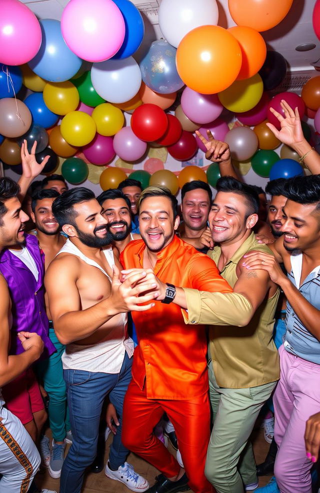 A vibrant and humorous portrayal of the gay male scene, showcasing a lively party atmosphere filled with laughter and joy