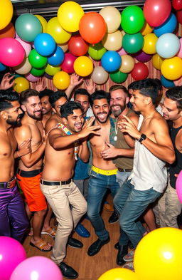 A vibrant and humorous portrayal of the gay male scene, showcasing a lively party atmosphere filled with laughter and joy