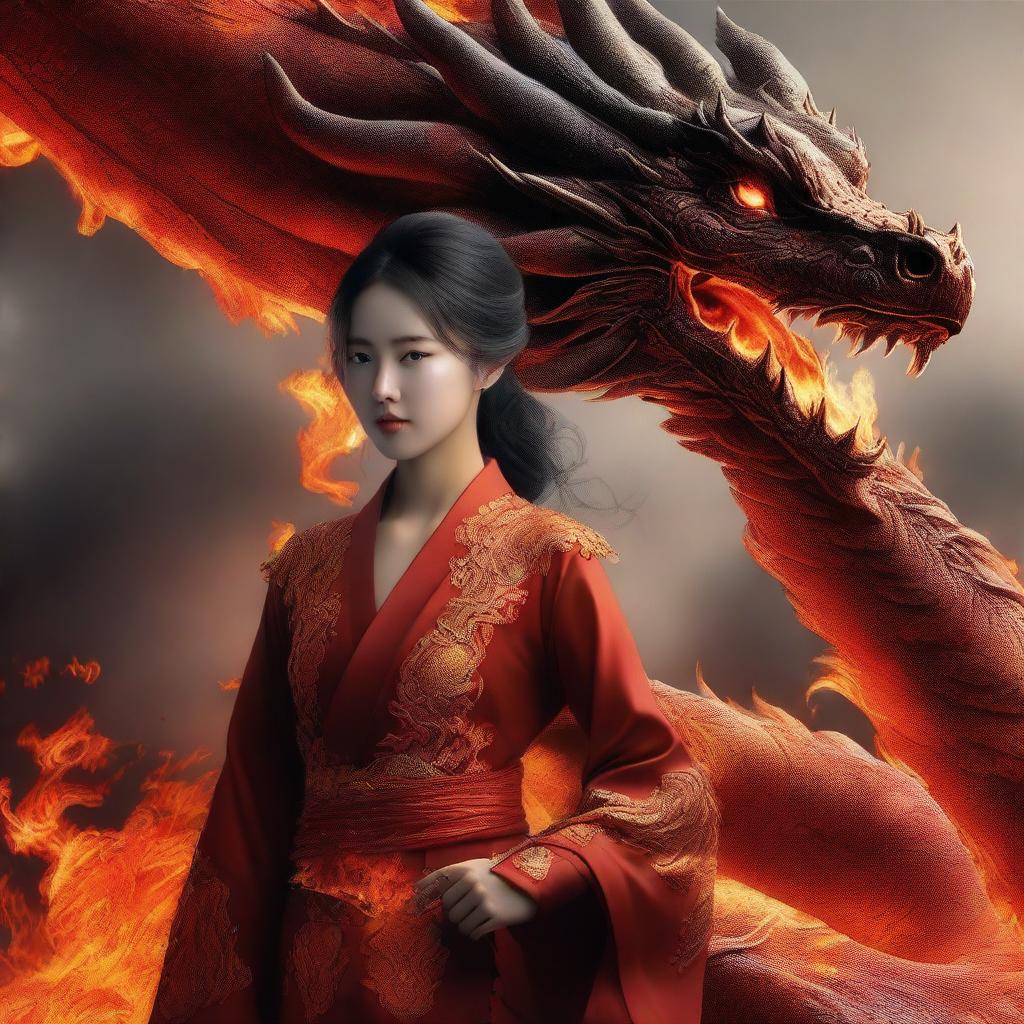 A hyper-realistic digital art image featuring a beautiful Korean woman standing in the presence of a gigantic fire-element dragon