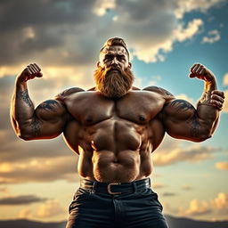 An artistic depiction of a strongman showcasing impressive muscles, standing confidently