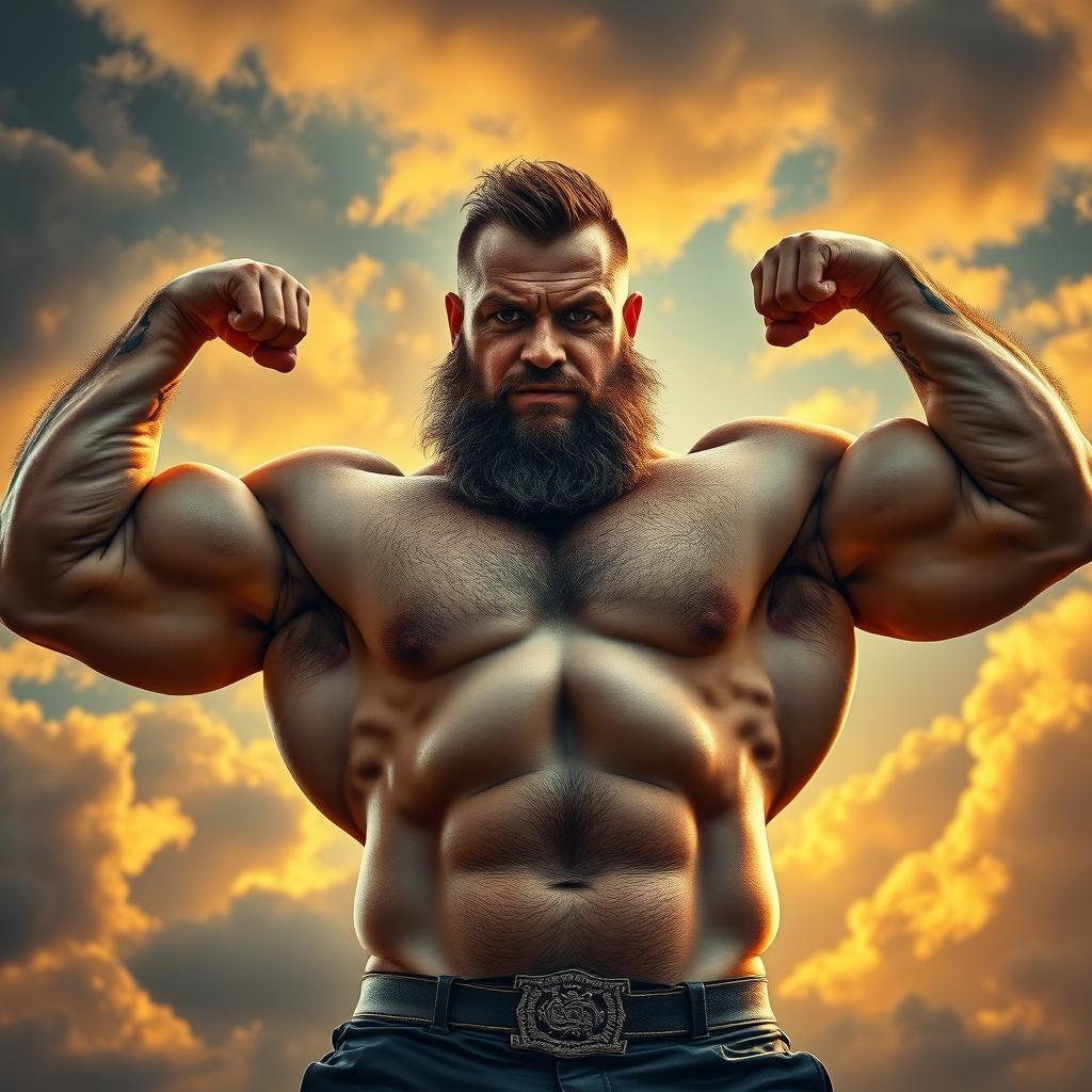 An artistic depiction of a strongman showcasing impressive muscles, standing confidently