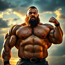 An artistic depiction of a strongman showcasing impressive muscles, standing confidently