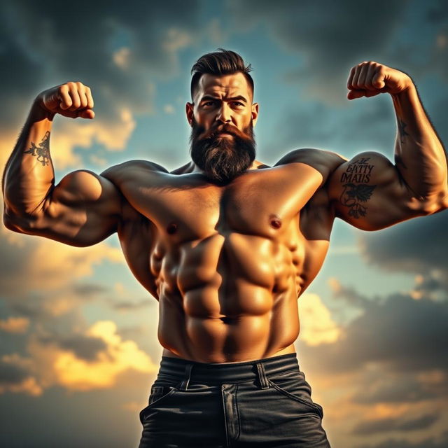 An artistic depiction of a strongman showcasing impressive muscles, standing confidently