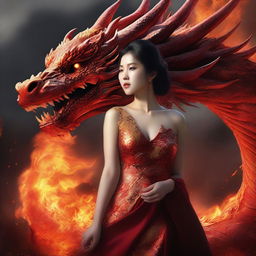 A hyper-realistic digital art image featuring a beautiful Korean woman standing in the presence of a gigantic fire-element dragon