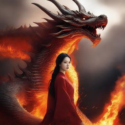 A hyper-realistic digital art image featuring a beautiful Korean woman standing in the presence of a gigantic fire-element dragon