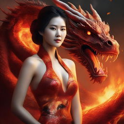 A hyper-realistic digital art image featuring a beautiful Korean woman standing in the presence of a gigantic fire-element dragon