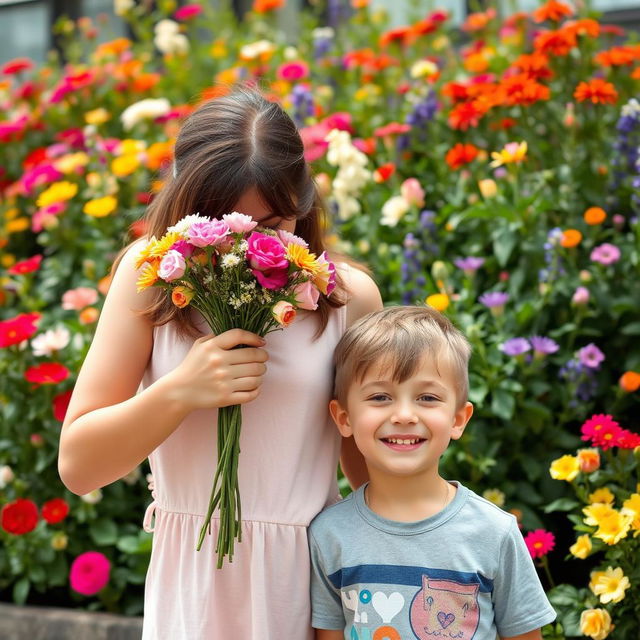 A playful scene featuring a tall older sister and her younger brother enjoying a day out together