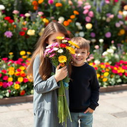 A playful scene featuring a tall older sister and her younger brother enjoying a day out together
