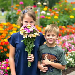 A playful scene featuring a tall older sister and her younger brother enjoying a day out together