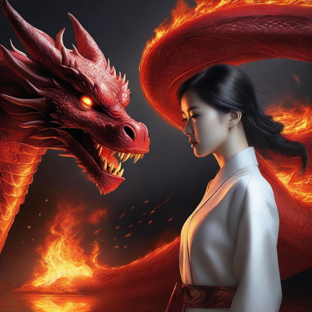 A hyper-realistic digital art image illustrating a captivating scene where a beautiful Korean woman gazes at a gigantic fire-element dragon