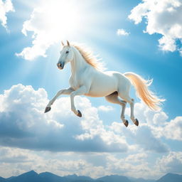 A majestic white horse soaring gracefully through a vibrant blue sky filled with fluffy white clouds and rays of sunlight breaking through, showcasing the horse's flowing mane and tail