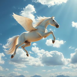 A majestic white horse soaring gracefully through a vibrant blue sky filled with fluffy white clouds and rays of sunlight breaking through, showcasing the horse's flowing mane and tail