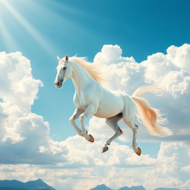 A majestic white horse soaring gracefully through a vibrant blue sky filled with fluffy white clouds and rays of sunlight breaking through, showcasing the horse's flowing mane and tail