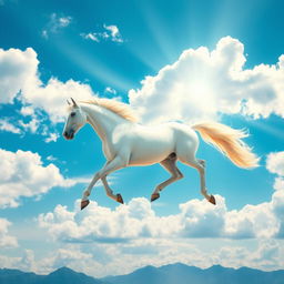 A majestic white horse soaring gracefully through a vibrant blue sky filled with fluffy white clouds and rays of sunlight breaking through, showcasing the horse's flowing mane and tail