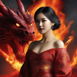 A hyper-realistic digital art image illustrating a captivating scene where a beautiful Korean woman gazes at a gigantic fire-element dragon